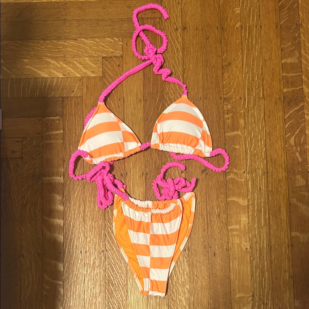 Aerie Striped Bikini in Orange and Pink with chunky straps
